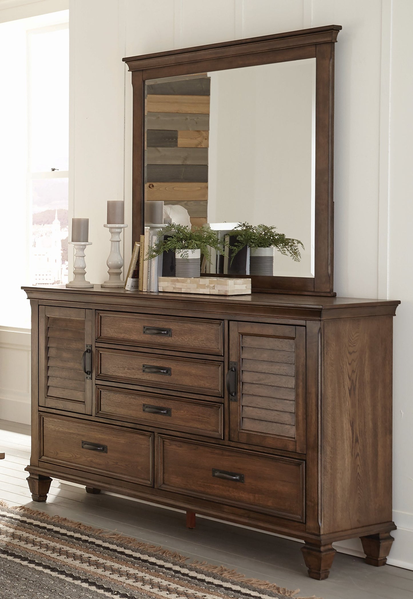 Franco Burnished Oak Five-Drawer Dresser With Two Louvered Doors