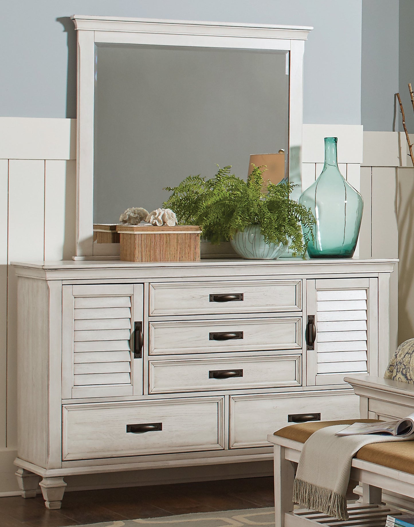 Franco Antique White Five-Drawer Chest With Louvered Panel Doors