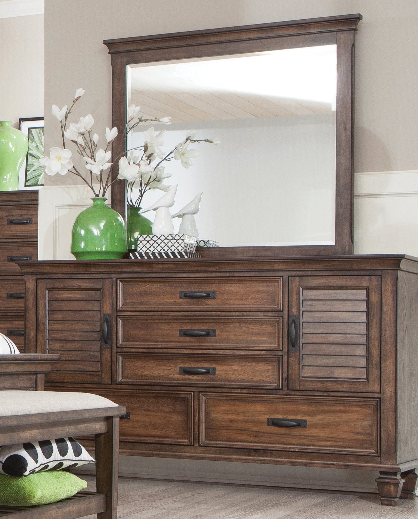Franco Burnished Oak Five-Drawer Dresser With Two Louvered Doors