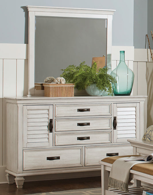 Franco Antique White Five-Drawer Chest With Louvered Panel Doors